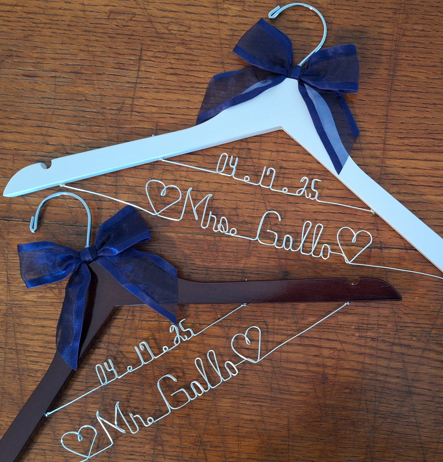 Bride Wedding Dress Hanger Personalized with Name or Name + Wedding Date - Choice of 1 bow colors - Name Silver or Gold Custom Writing - Dark or White Wood Hanger with notches Bridal