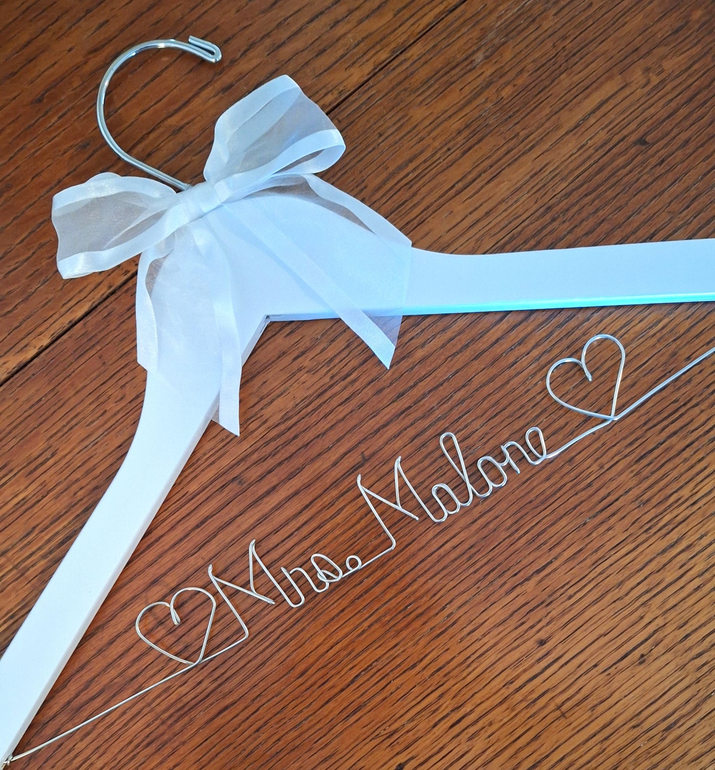 Wedding Dress Hanger Personalized Bride Name with Wedding Date - Choice of 12 Bow colors Name Silver Wire - White Wood Hanger with notches