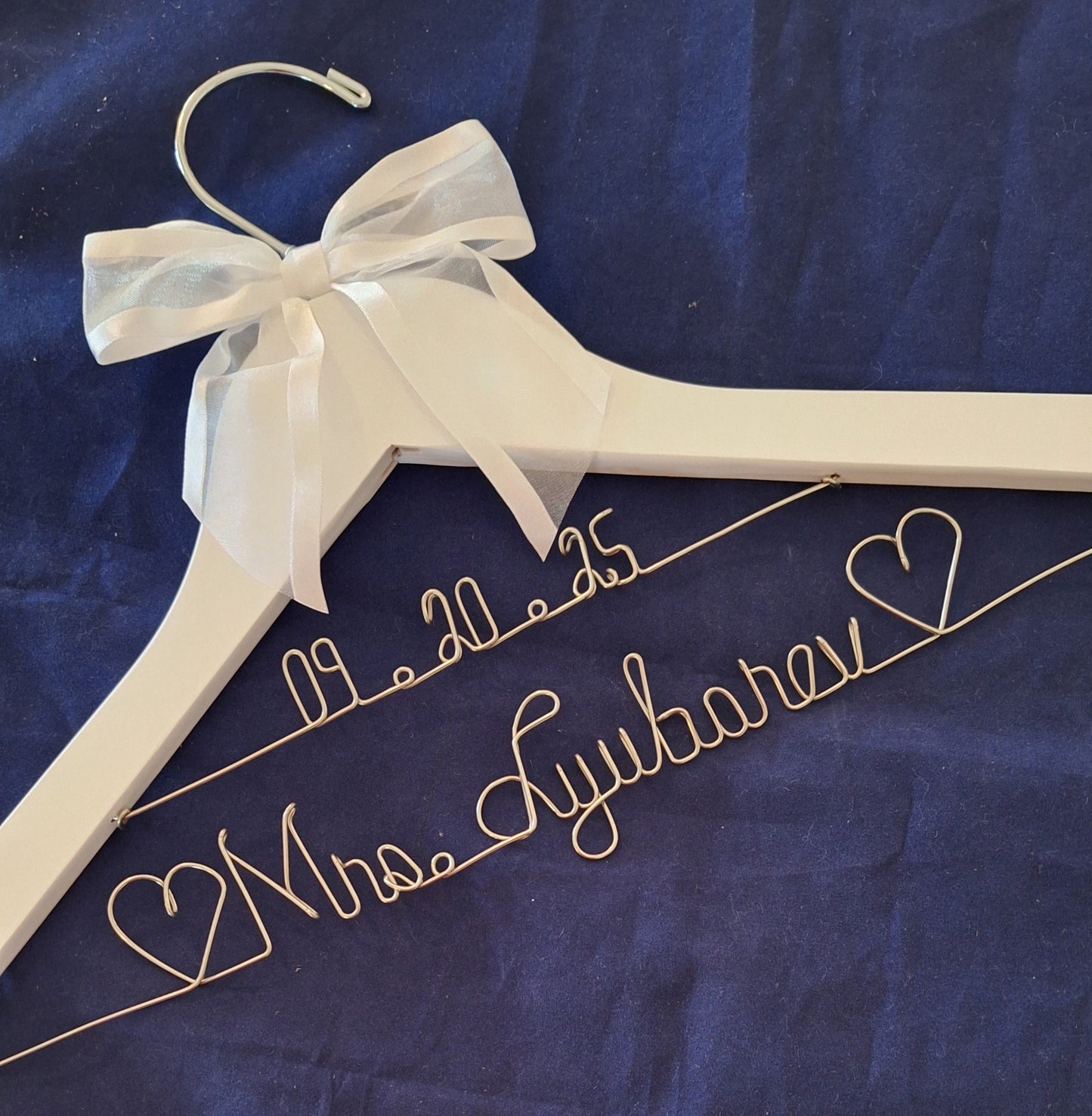 Bride Wedding Dress Hanger Personalized with Name or Name + Wedding Date - Choice of 1 bow colors - Name Silver or Gold Custom Writing - Dark or White Wood Hanger with notches Bridal