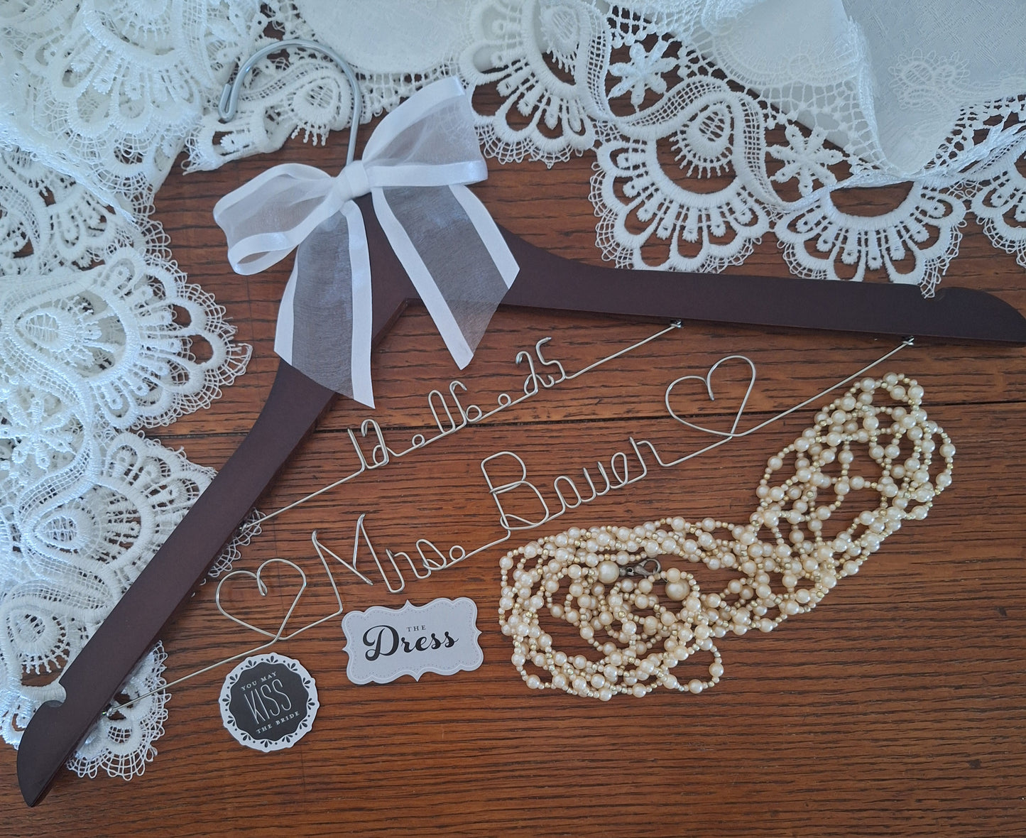 Bride Wedding Dress Hanger Personalized with Name or Name + Wedding Date - Choice of 1 bow colors - Name Silver or Gold Custom Writing - Dark or White Wood Hanger with notches Bridal