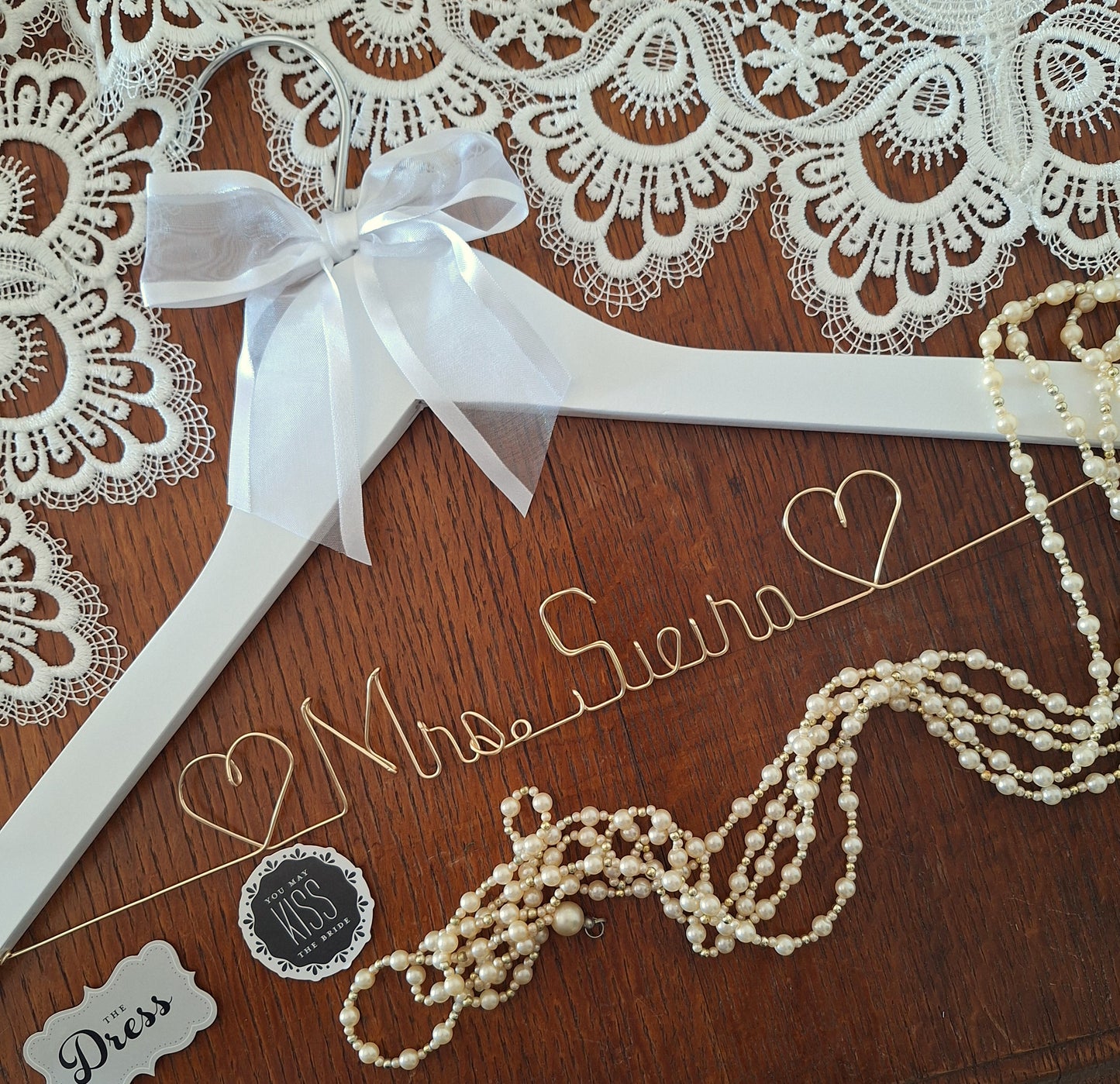 Wedding Dress Hanger Personalized Bride Name with Wedding Date - Choice of 12 Bow colors Name Silver Wire - White Wood Hanger with notches