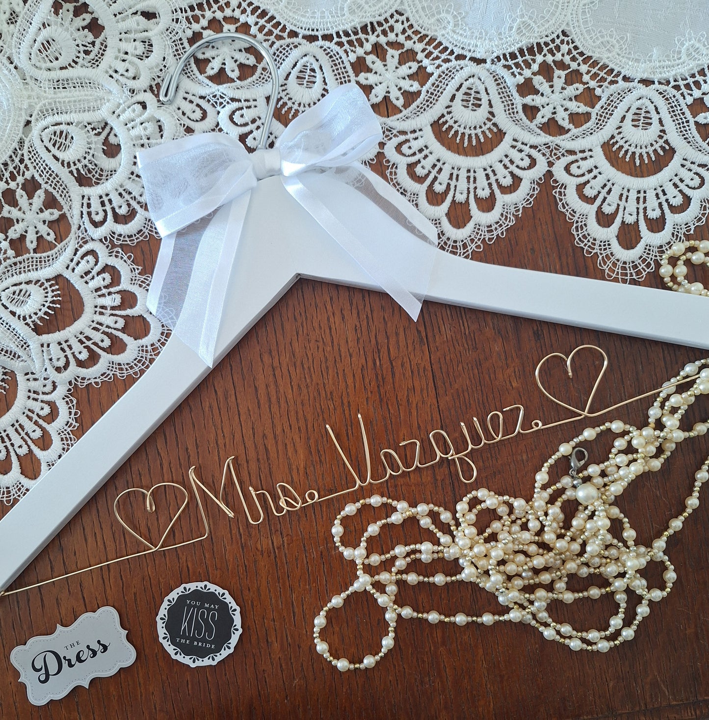 Wedding Dress Hanger Personalized Bride Name - Choice of 10 Bow colors Name Silver Wire - White Wood Hanger with notches