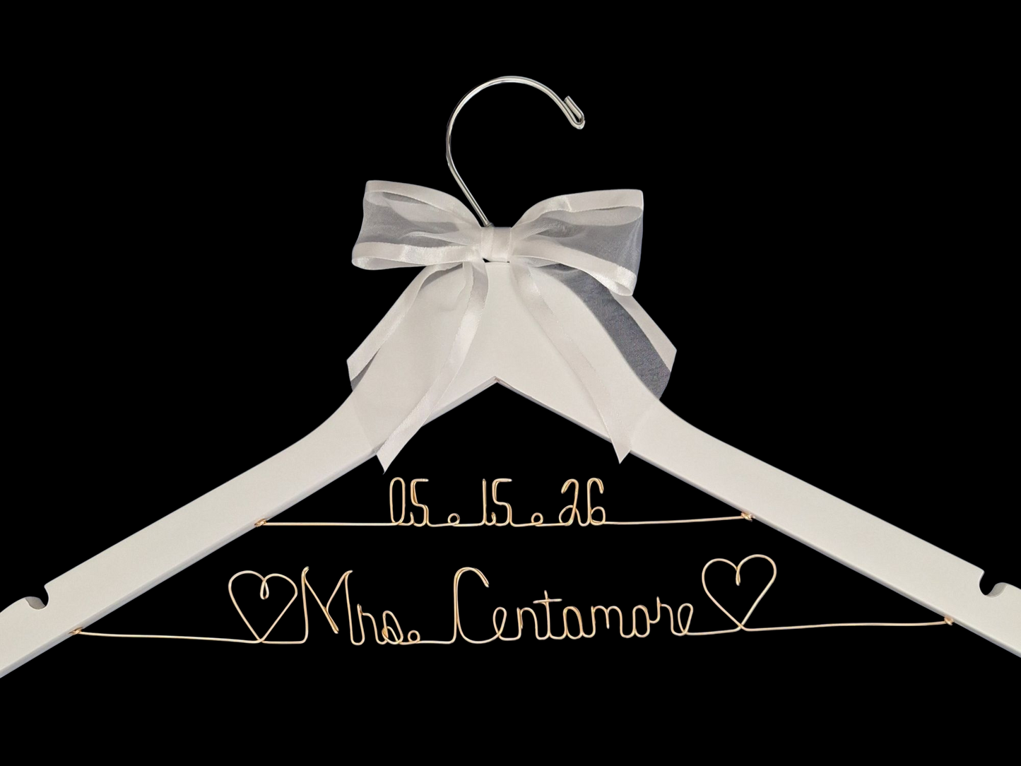 Bride Wedding Dress Hanger Personalized with Name or Name + Wedding Date - Choice of 1 bow colors - Name Silver or Gold Custom Writing - Dark or White Wood Hanger with notches Bridal