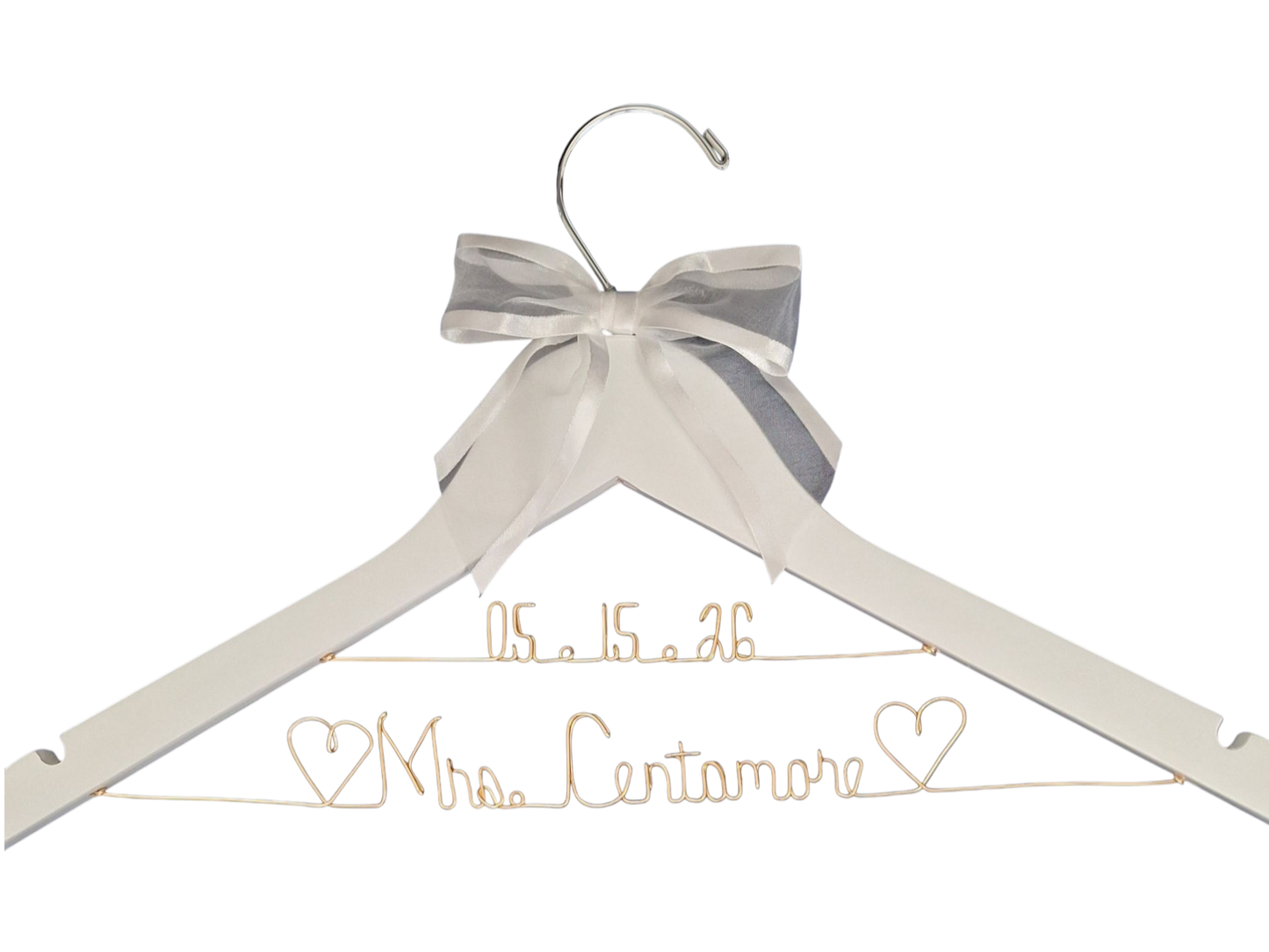 Bride Wedding Dress Hanger Personalized with Name or Name + Wedding Date - Choice of 1 bow colors - Name Silver or Gold Custom Writing - Dark or White Wood Hanger with notches Bridal