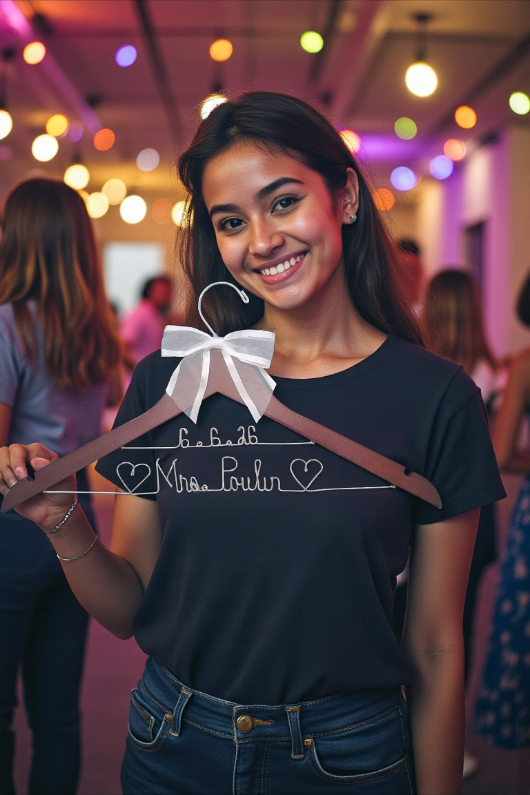 Bride Wedding Dress Hanger Personalized with Name or Name + Wedding Date - Choice of 1 bow colors - Name Silver or Gold Custom Writing - Dark or White Wood Hanger with notches Bridal