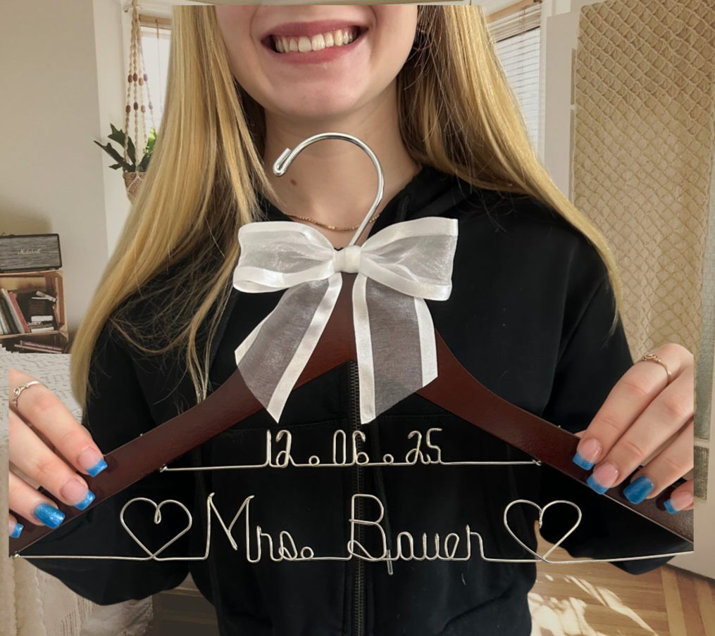 Bride Wedding Dress Hanger Personalized with Name or Name + Wedding Date - Choice of 1 bow colors - Name Silver or Gold Custom Writing - Dark or White Wood Hanger with notches Bridal