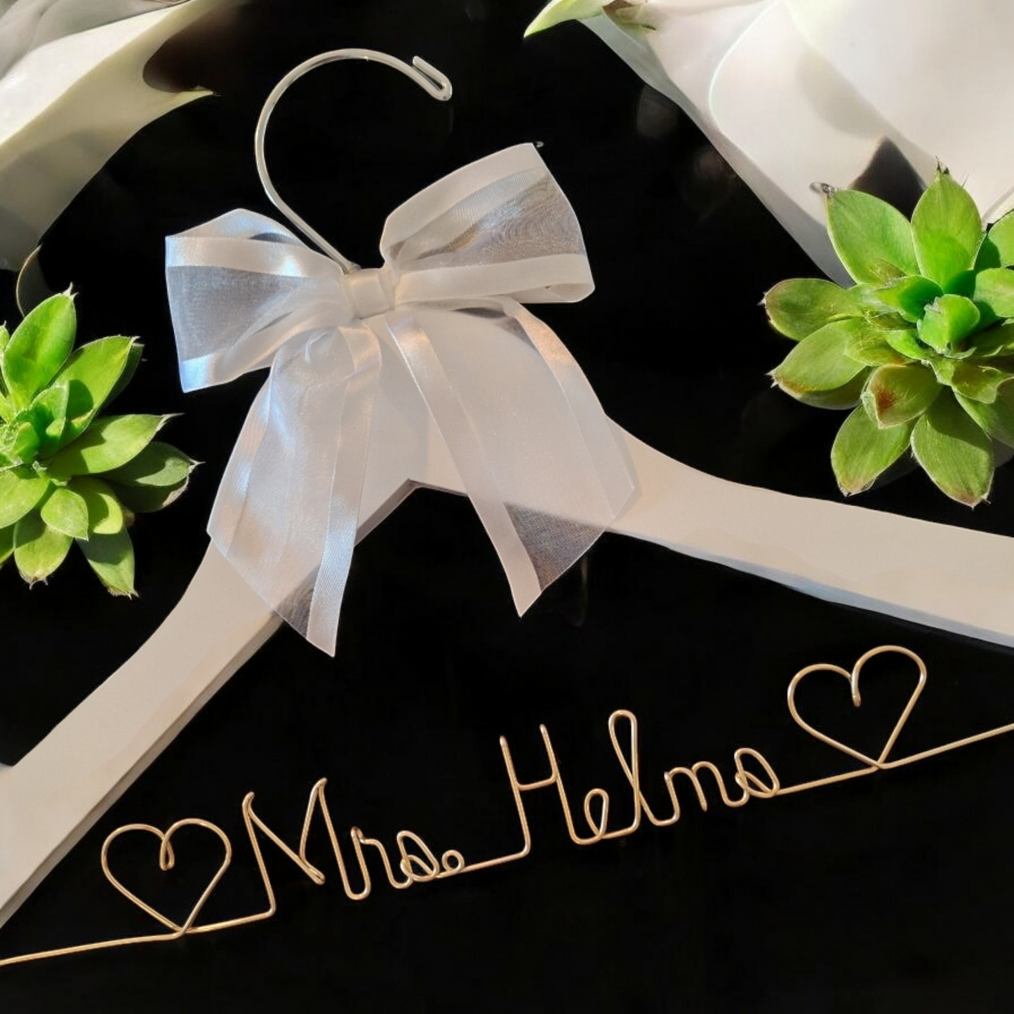 Wedding Dress Hanger Personalized Bride Name with Wedding Date - Choice of 12 Bow colors Name Silver Wire - White Wood Hanger with notches