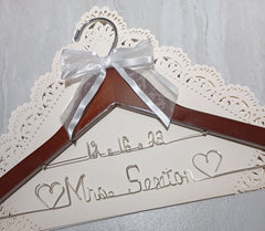 Bride Wedding Dress Hanger Personalized with Wedding Date - Choice of 12 bow colors - Name Silver Wire Wrap - Dark Wood Hanger with notches Bridal