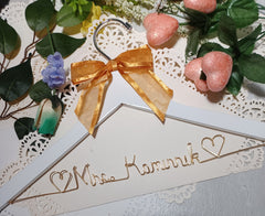 Wedding Dress Hanger - 12 bow color choices - Custom Bride Name Gold Wire  - White Wood Hanger