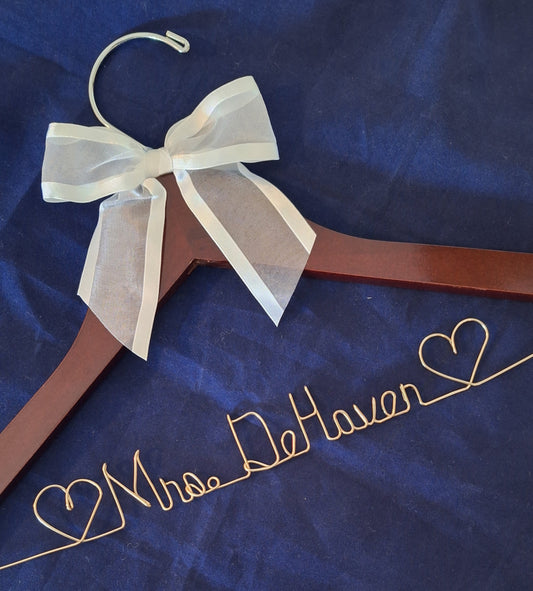 Wedding Dress Hanger Personalized Bride Name  - Choice of 10 Bow colors Name Silver Wire - White Wood Hanger with notches