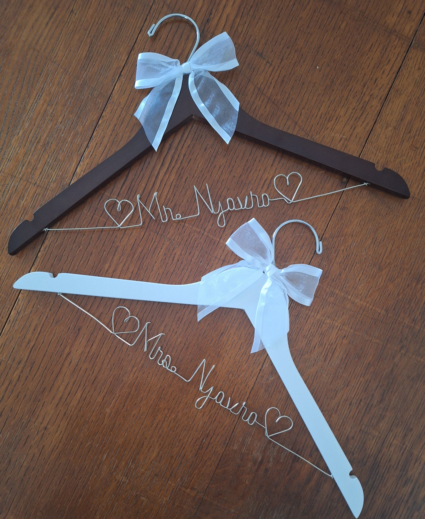 Bride Wedding Dress Hanger Personalized with Name or Name + Wedding Date - Choice of 1 bow colors - Name Silver or Gold Custom Writing - Dark  or White Wood Hanger with notches Bridal
