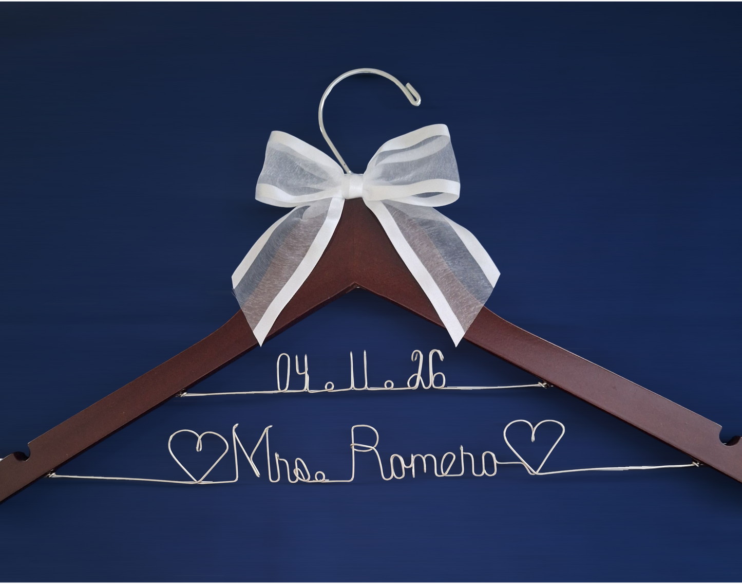 Bride Wedding Dress Hanger Personalized with Name or Name + Wedding Date - Choice of 1 bow colors - Name Silver or Gold Custom Writing - Dark  or White Wood Hanger with notches Bridal