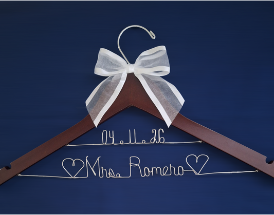 Bride Wedding Dress Hanger Personalized with Name or Name + Wedding Date - Choice of 1 bow colors - Name Silver or Gold Custom Writing - Dark  or White Wood Hanger with notches Bridal