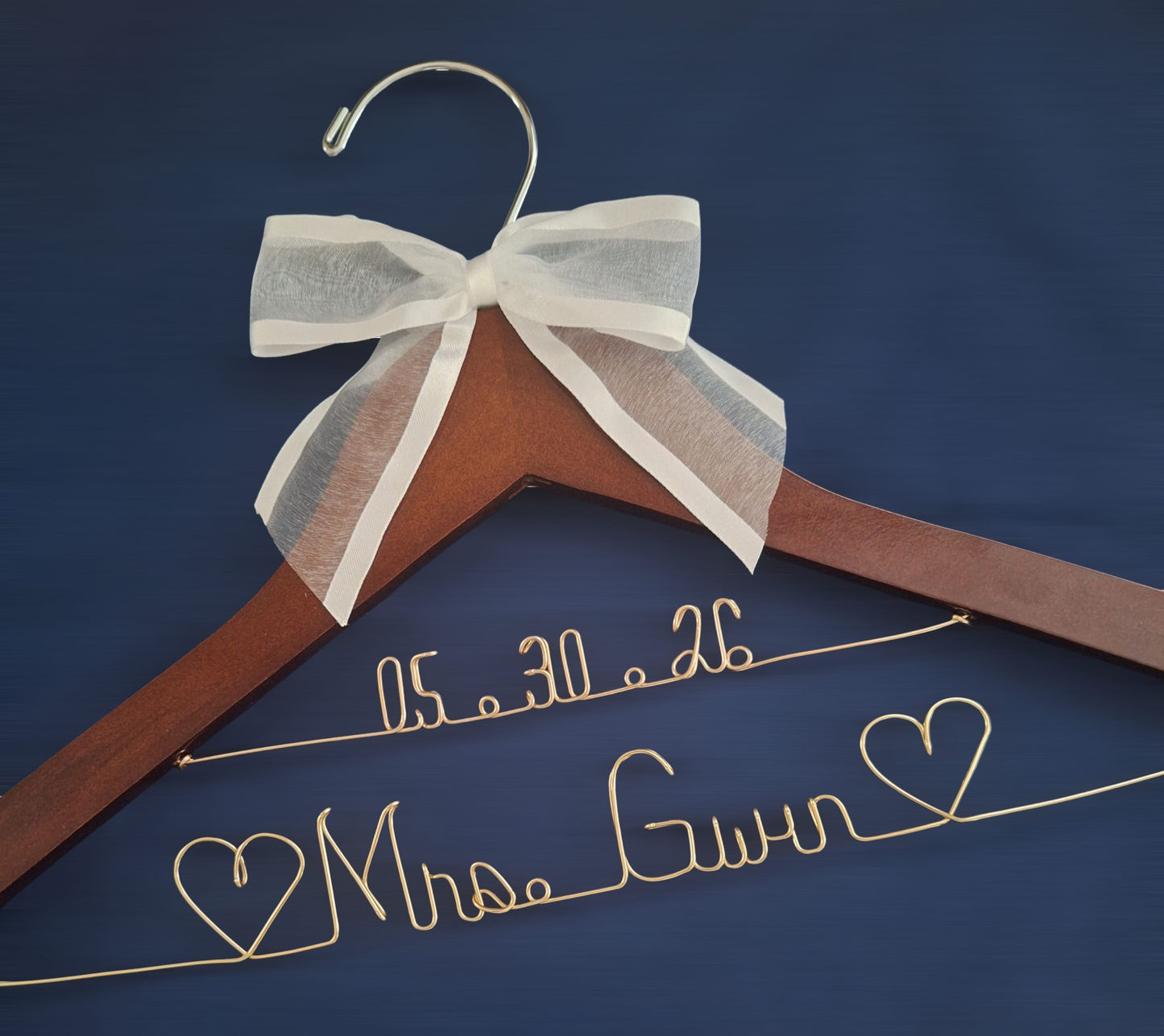 Bride Wedding Dress Hanger Personalized with Name or Name + Wedding Date - Choice of 1 bow colors - Name Silver or Gold Custom Writing - Dark  or White Wood Hanger with notches Bridal
