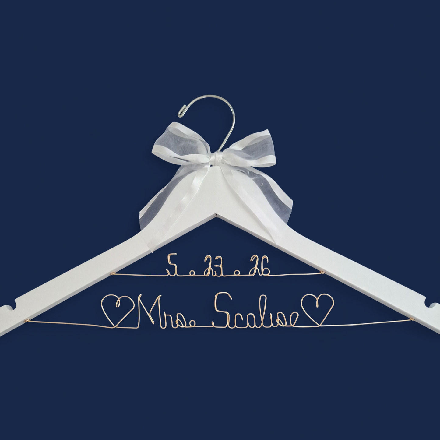 Bride Wedding Dress Hanger Personalized with Name or Name + Wedding Date - Choice of 1 bow colors - Name Silver or Gold Custom Writing - Dark  or White Wood Hanger with notches Bridal