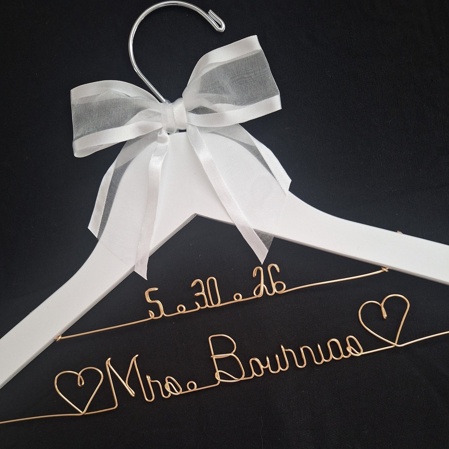 Bride Wedding Dress Hanger Personalized with Name or Name + Wedding Date - Choice of 1 bow colors - Name Silver or Gold Custom Writing - Dark  or White Wood Hanger with notches Bridal