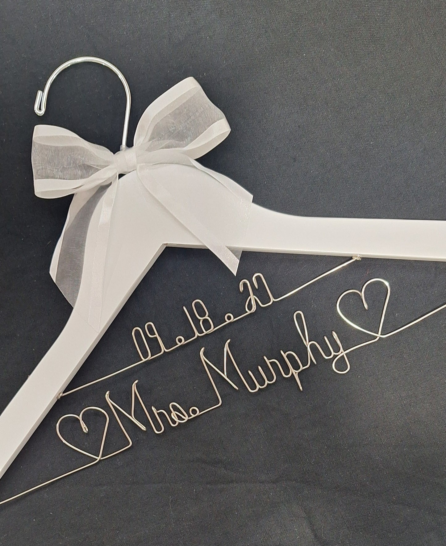Bride Wedding Dress Hanger Personalized with Name or Name + Wedding Date - Choice of 1 bow colors - Name Silver or Gold Custom Writing - Dark  or White Wood Hanger with notches Bridal