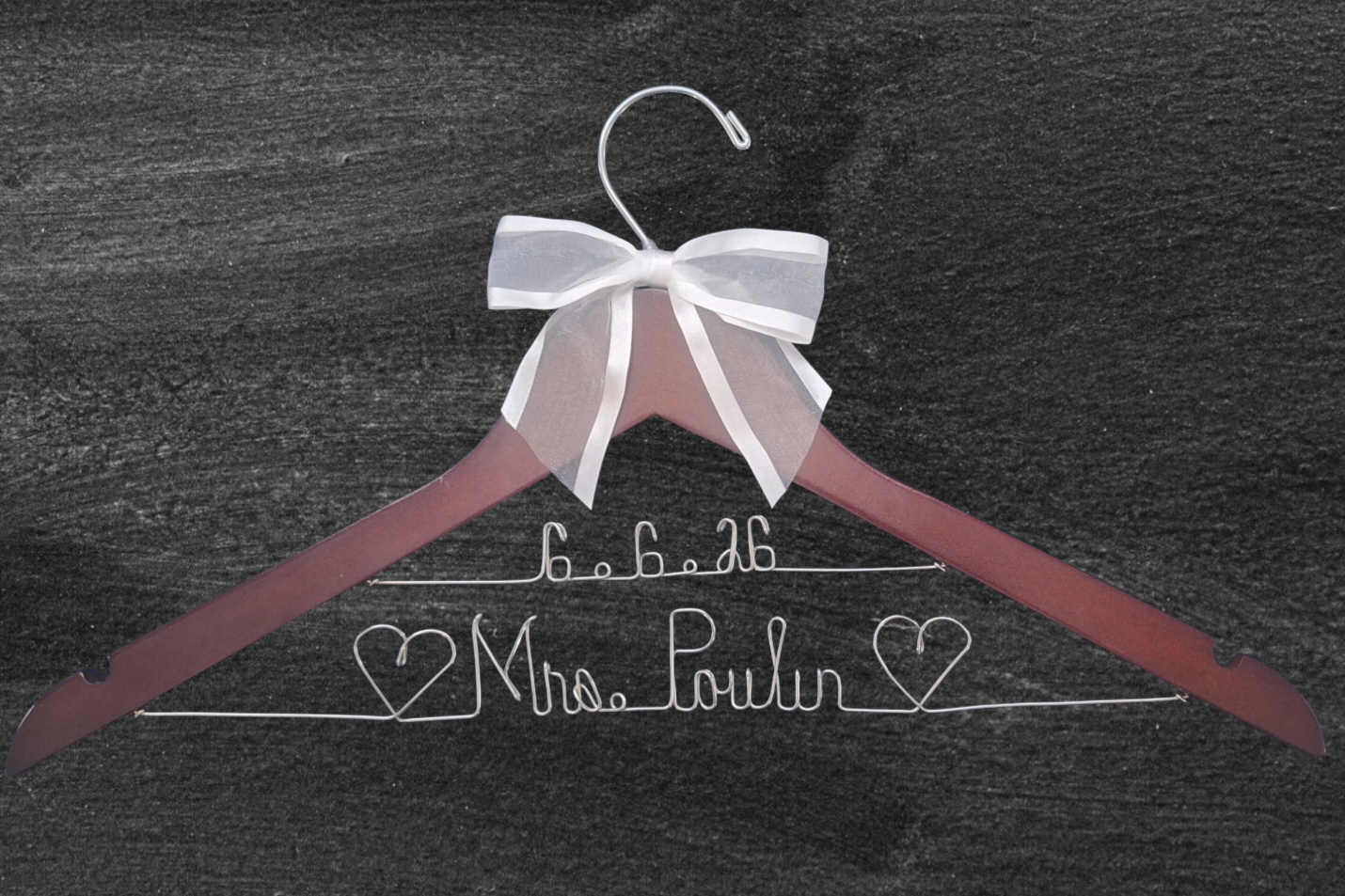 Bride Wedding Dress Hanger Personalized with Name or Name + Wedding Date - Choice of 1 bow colors - Name Silver or Gold Custom Writing - Dark  or White Wood Hanger with notches Bridal