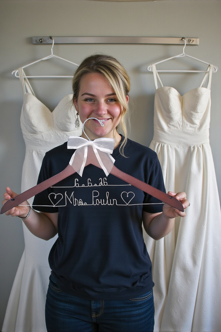 Bride Wedding Dress Hanger Personalized with Name or Name + Wedding Date - Choice of 1 bow colors - Name Silver or Gold Custom Writing - Dark  or White Wood Hanger with notches Bridal