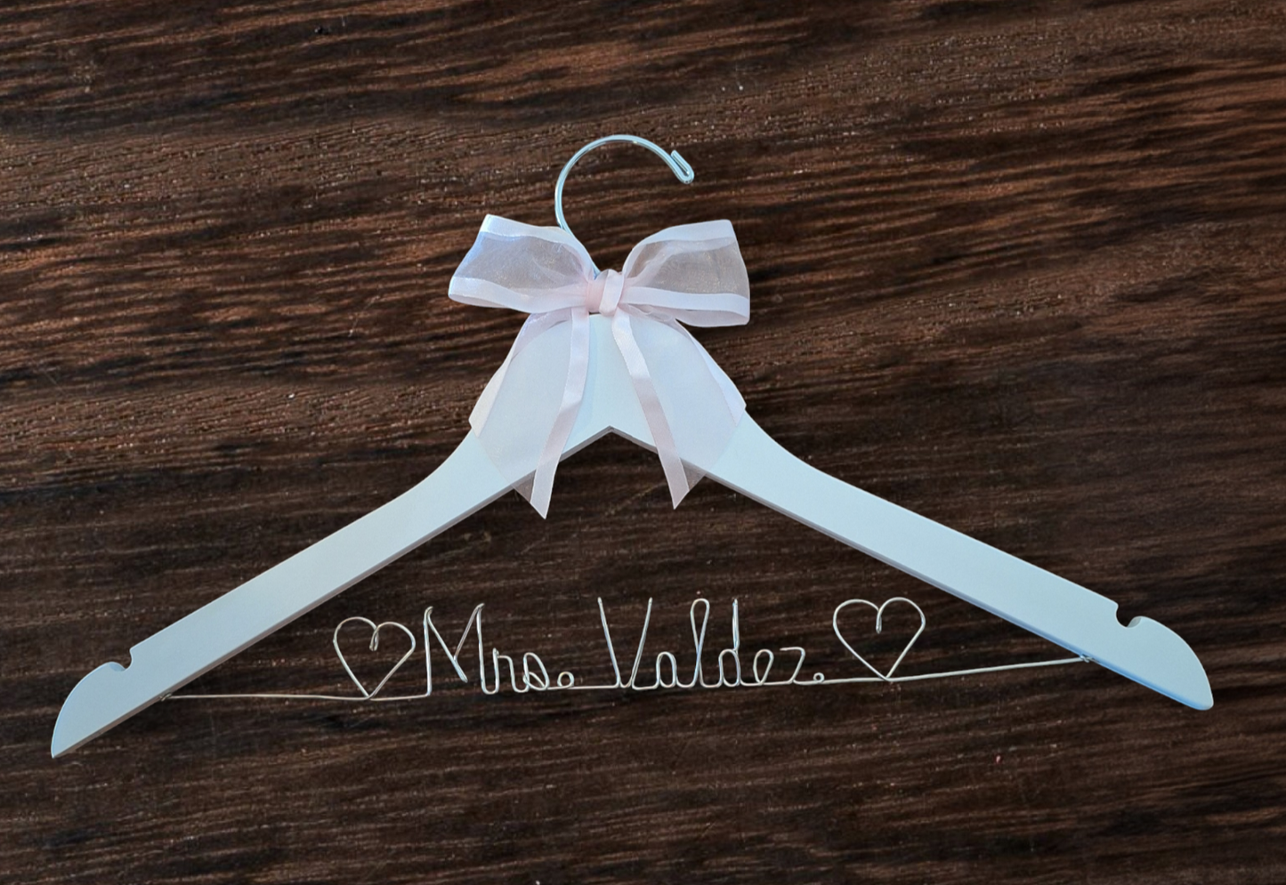 Wedding Dress Hanger Personalized Bride Name  - Choice of 10 Bow colors Name Silver Wire - White Wood Hanger with notches