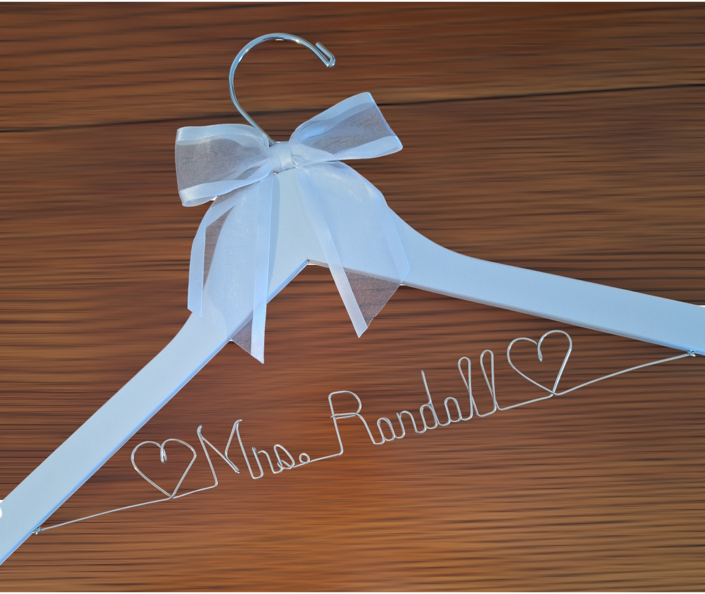 Wedding Dress Hanger Personalized Bride Name  - Choice of 10 Bow colors Name Silver Wire - White Wood Hanger with notches