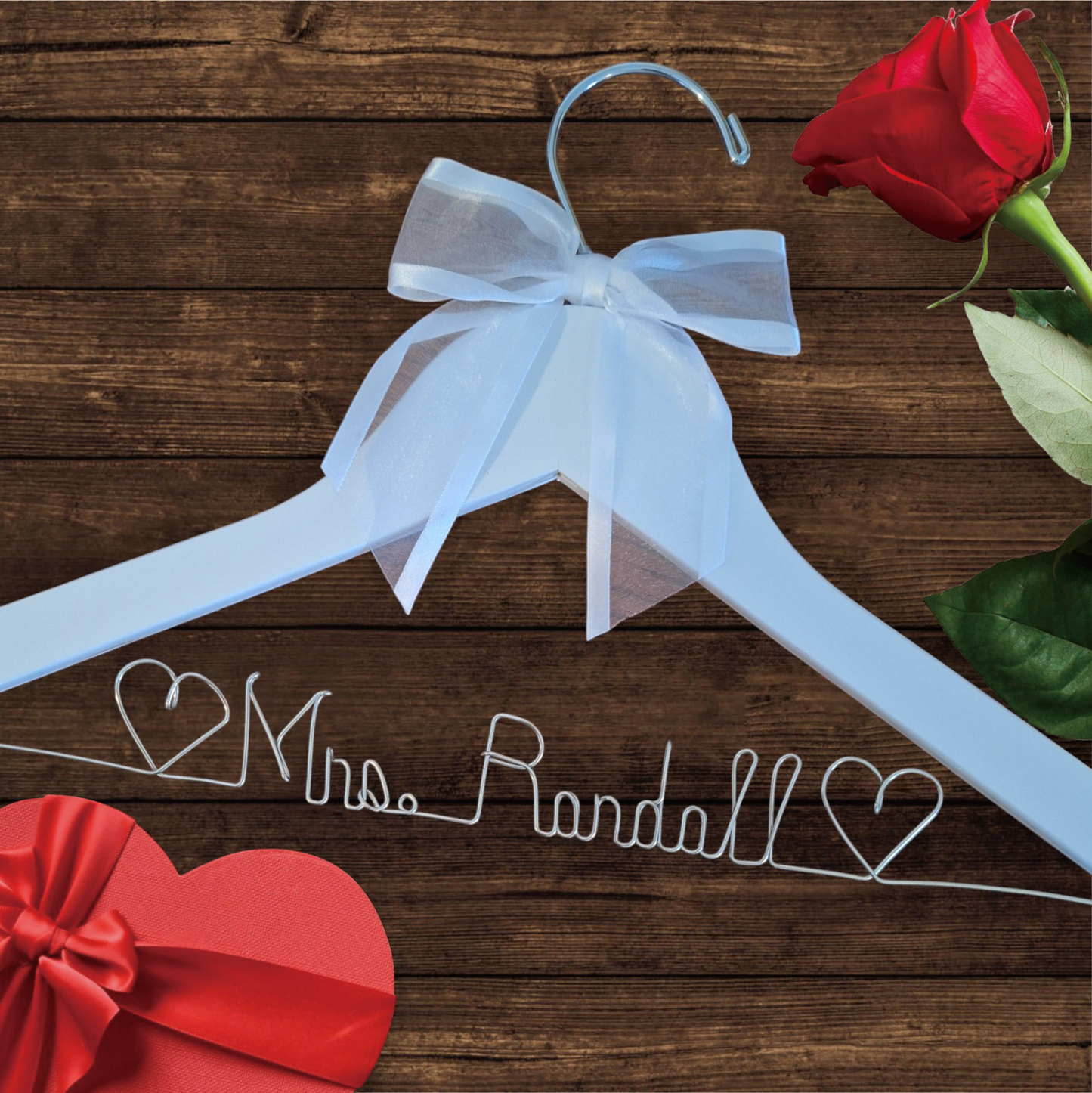 Wedding Dress Hanger Personalized Bride Name with Wedding Date - Choice of 12 Bow colors Name Silver Wire - White Wood Hanger with notches