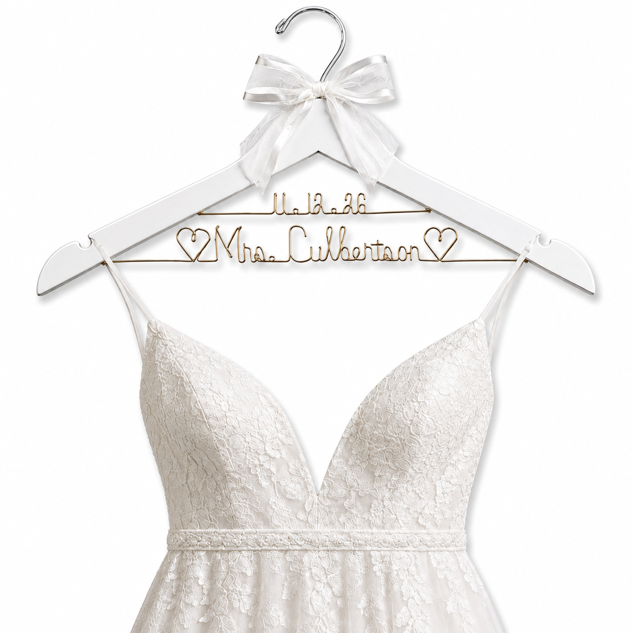 Bride Wedding Dress Hanger Personalized with Name or Name + Wedding Date - Choice of 1 bow colors - Name Silver or Gold Custom Writing - Dark  or White Wood Hanger with notches Bridal