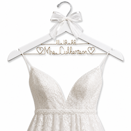 Bride Wedding Dress Hanger Personalized with Name or Name + Wedding Date - Choice of 1 bow colors - Name Silver or Gold Custom Writing - Dark  or White Wood Hanger with notches Bridal