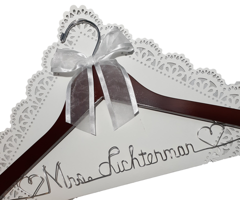 Wedding Dress Hanger - 12 bow color choices - Custom Bride Name Silver Wire - Dark Wood Hanger