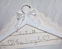 Wedding Dress Hanger Personalized Bride Name with Wedding Date - Choice of 12 Bow colors Name Silver Wire - White Wood Hanger with notches