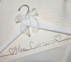 Wedding Dress Hanger - 12 bow color choices Bride Name Silver Wire - White Wood Hanger